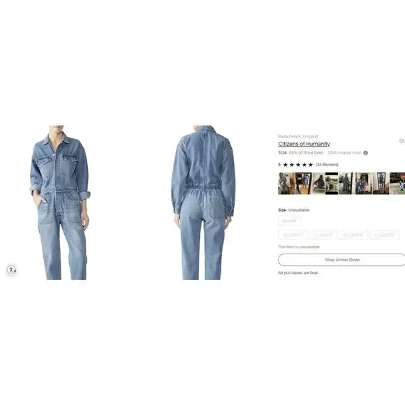 Citizens of Humanity Distressed Marta Denim Jumpsuit Blue Jean Coveralls Small - Picture 16 of 16